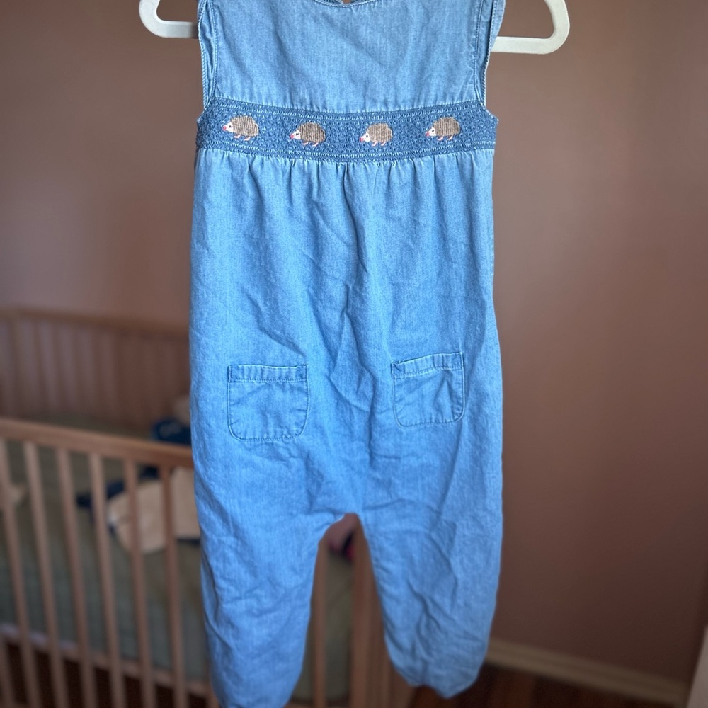 Baby Boden Light Blue Romper with Hedgehog Embroidery